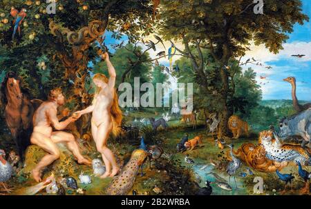 Le jardin d'Eden avec la chute de l'homme. Peter Paul Rubens et Jan Brueghel The Elder - Figures de Rubens, paysage et animaux de Brueghel. Vers 1615 Banque D'Images