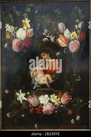 Garland de fleurs avec Madonna et enfant, par Daniel Seghers et Cornelis Schut, XVIIe siècle, huile sur panneau Banque D'Images