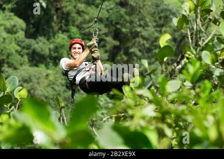 Homme Adulte Sur La Forêt Tropicale De Zipline Andes En Équateur Banque D'Images