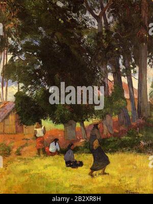 Gauguin 1892 Village tahitien avec la femme en marche. Banque D'Images