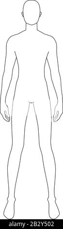 Modèle de mode d'hommes debout avec de larges jambes. 9 dimensions de tête pour le dessin technique. Messieurs figure vue de face. Silhouette vectorielle pour l'esquisse et l'illustration de mode. Illustration de Vecteur