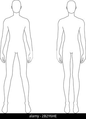 Modèle de mode d'hommes debout en deux poses. 9 dimensions de tête pour le dessin technique. Messieurs figure vue de face. Silhouette vectorielle pour l'esquisse et l'illustration de mode. Illustration de Vecteur