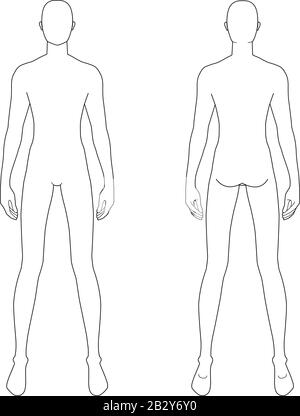 Modèle de mode d'hommes debout avec de larges jambes. 9 dimensions de tête pour le dessin technique. Les messieurs sont en vue avant et arrière. Silhouette vectorielle pour l'esquisse et l'illustration de mode. Illustration de Vecteur