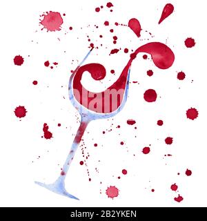 Aquarelle verre de vin rouge. Verre à la main et des gouttes. Banque D'Images