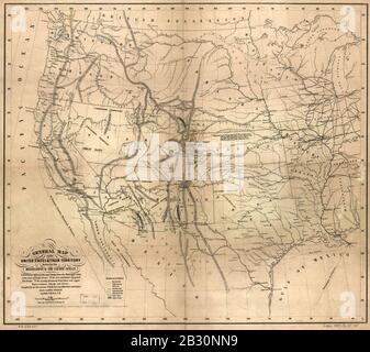 Carte générale des États-Unis et de leur territoire entre le Mississippi et l'Océan Pacifique. 1. Montrant les différents itinéraires étudiés depuis la vallée du Mississippi jusqu'à la côte de l'océan Pacifique, 2. Banque D'Images