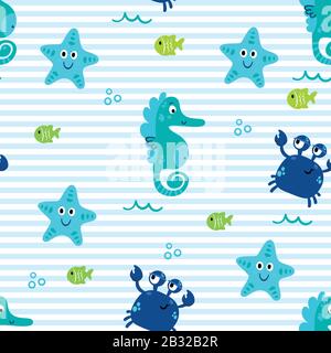 Mignons animaux à vecteur de mer étoiles sous-marines poisson crabe cheval de mer Illustration de Vecteur