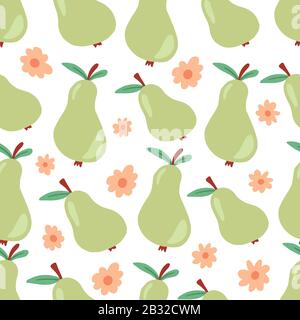 Motif sans couture de poire verte avec feuille, fleur. Poire de style dessin animé à la mode simple pour la nourriture naturelle, les fruits, le papier doré pour enfants, le textile, le design. Illustration vectorielle. Illustration de Vecteur