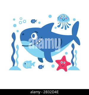 Illustration avec des animaux de mer requin étoiles poisson jellyfish Illustration de Vecteur