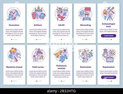 Écran de la page d'application mobile Arboarding Archéologie avec ensemble de concepts linéaires. La recherche et la protection des artefacts fossiles walkthrough Steps graphiques Illustration de Vecteur