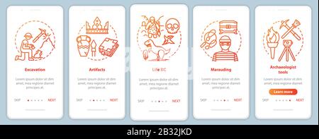 Modèle vectoriel d'écran de page d'application mobile d'intégration archéologique. Excavation et préservation des artefacts. Procédure de présentation du site Web avec des illustrations linéaires Illustration de Vecteur
