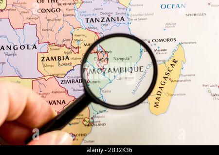 Ivanovsk, Russie - 24 janvier 2019 : Mozambique sur la carte du monde Banque D'Images