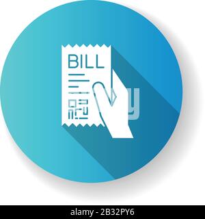 Icône de glyphe d'ombre longue à motif plat bleu d'échange. Vérification imprimée. Avis de paiement. Confirmation d'achat, preuve. Reçu du caissier, note de caisse Illustration de Vecteur