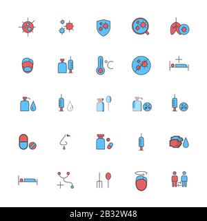 jeu d'icônes de virus. Virus Corona, Covid-19, 2019-nCoV. Vecteur modifiable. Icône. Médicament, lavage, main, grippe, fièvre, maladie. Illustration de Vecteur