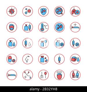 jeu d'icônes de virus. Virus Corona, Covid-19, 2019-nCoV. Vecteur modifiable. Icône. Médicament, lavage, main, grippe, fièvre, maladie. Illustration de Vecteur