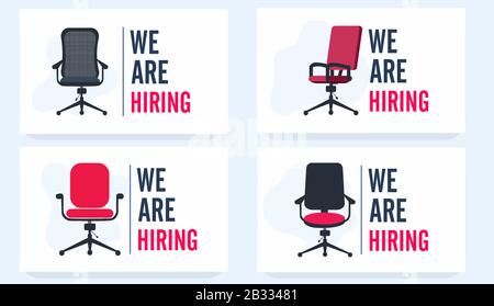 Nous embauchons avec un fauteuil de bureau et un panneau vacant. Concept de conception de recrutement d'entreprise. Illustration de Vecteur