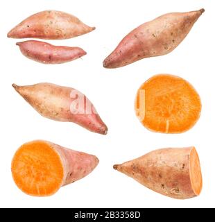 ensemble de tubercules de patate douce (ipomoea batatas, batata) isolés sur fond blanc Banque D'Images