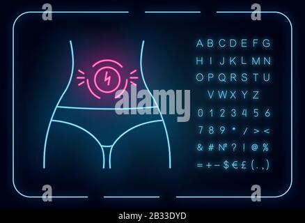 Icône de lumière fluo de douleur abdominale. Mal à l'estomac. Crampe de période, spasme menstruel. Symptôme du syndrome prémenstruel. Signe lumineux avec alphabet, chiffres Illustration de Vecteur