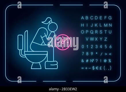 Icône de lumière de néon de constipation. Douleur menstruelle. Problème de période. Fille en toilette. Femme sur toilettes. Problème digestif. Signe lumineux avec alphabet Illustration de Vecteur