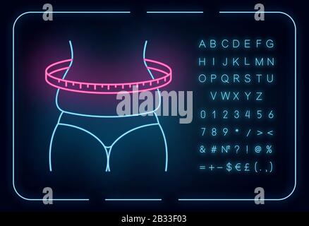Icône de changement de poids du néon. Mesure du corps de la femme en surpoids. Cellulite sur les cuisses. Symptôme du syndrome prémenstruel. Signe lumineux avec alphabet Illustration de Vecteur