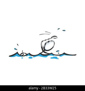 Homme nageant dans l'eau. Nager dans la mer. Tiré à la main. Dessin animé stickman. Esquisse Doodle, illustration graphique vectorielle Illustration de Vecteur