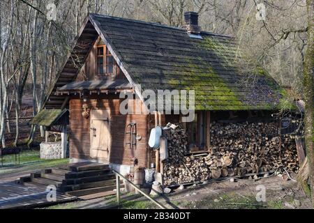 Hangar rural traditionnel en bois non sme pour le stockage du bois de chauffage et des outils agricoles dans la forêt d'hiver Banque D'Images