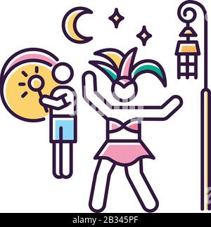 Icône couleur RVB rose Samba. Carnaval brésilien la nuit. Danseuse en costume national. Fête ethnique. Homme jouant de la musique sur le tambour. Traditionnel Illustration de Vecteur