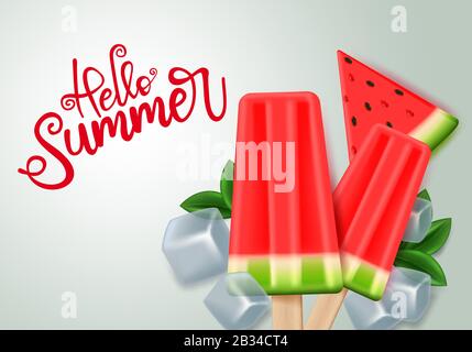 Bonjour l'été avec la conception vectorielle de popsicle de pastèque. Bonjour texte d'été avec des fruits tropicaux de pastèque et popsicle avec des éléments de glace en blanc. Illustration de Vecteur