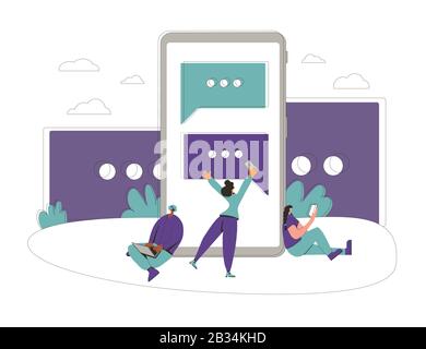 Les utilisateurs utilisent des téléphones pour lire et envoyer des messages. Concept de commentaire de discussion. Réseau de médias sociaux. Jeunes avec bulles de parole. Service de feedback. Vecteur Illustration de Vecteur