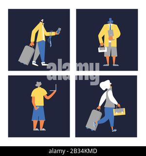 Concept BLeisure. Équilibre entre vie professionnelle et vie privée. Nomades numériques. Les femmes et les hommes qui vont à leur vol avec des bagages. Illustration de Vecteur