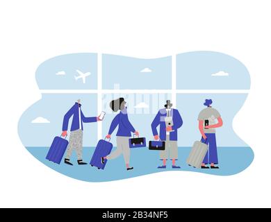 Concept BLeisure. Équilibre entre vie professionnelle et vie privée. Nomades numériques. Les femmes et les hommes qui vont à leur vol avec des bagages. Illustration de Vecteur