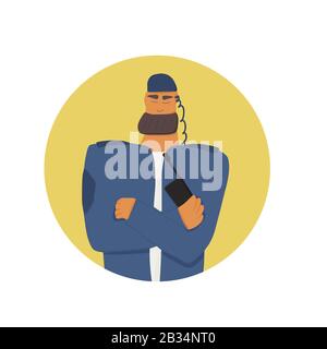 Garde de sécurité debout avec les bras croisés. Homme barbu portant dans un portrait uniforme de gardes. Illustration vectorielle. Illustration de Vecteur