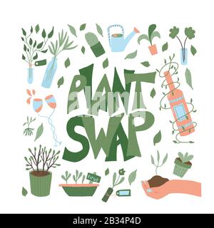 Affiche de permutation d'usine. Partagez l'événement des plantes intérieures. Modèle d'invitation pour la fête. Illustration vectorielle plate. Illustration de Vecteur