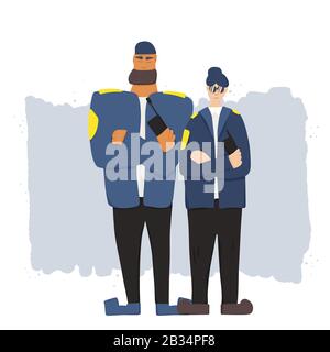 Deux gardes de sécurité debout avec des bras croisés.Watchmen avec radio sur fond blanc. Homme et femme barbu travaillant ensemble. Illustration vectorielle. Illustration de Vecteur