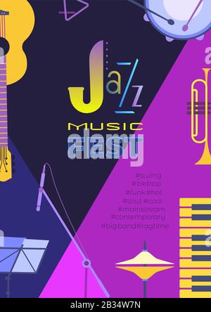 Modèle d'affiche vectoriel couleur plat pour le festival de musique jazz Illustration de Vecteur