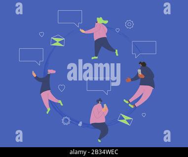 Les personnages féminins utilisant leur téléphone pour envoyer un message entouré de symboles de réseaux sociaux. Les jeunes s'échirent avec leur smartphone. Lecture des femmes Illustration de Vecteur