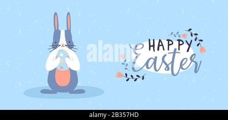 Joyeuses cartes de vœux de Pâques de mignon animal de lapin tenant l'oeuf et la calligraphie florale citation. Drôle d'illustration tirée à la main pour les enfants de la saison de printemps ho Illustration de Vecteur