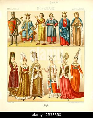 Ancienne mode et style de vie européens, Moyen âge de Geschichte des kostums dans chronologicher entwicklung (Histoire du costume dans le développement chronologique) par Racinet, A. (Auguste), 1825-1893. Et Rosenberg, Adolf, 1850-1906, Volume 3 imprimé à Berlin en 1888 Banque D'Images