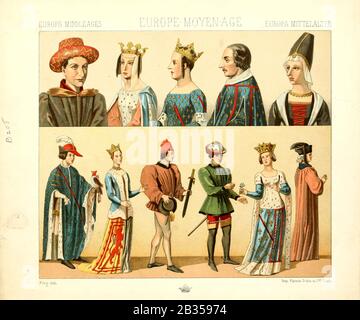 Ancienne mode et style de vie européens, Moyen âge de Geschichte des kostums dans chronologicher entwicklung (Histoire du costume dans le développement chronologique) par Racinet, A. (Auguste), 1825-1893. Et Rosenberg, Adolf, 1850-1906, Volume 3 imprimé à Berlin en 1888 Banque D'Images