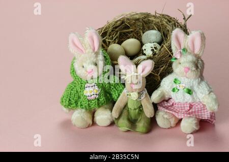 Rose famille de Pâques: Décoration de Pâques avec famille de lapins de Pâques et nid d'oiseaux naturel avec œufs Banque D'Images