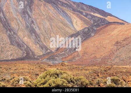 Paysage abstrait montrant les pentes du mont Teide et les coulées de lave solidifiées qui ont éclaté et ont dévalé la pente dans les Las Canadas del Teide N. Banque D'Images