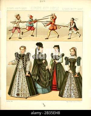 Mode et style de vie européens anciens, XVIe siècle à partir de Geschichte des kostums dans le chronological entwicklung (Histoire du costume en développement chronologique) par Racinet, A. (Auguste), 1825-1893. Et Rosenberg, Adolf, 1850-1906, Volume 3 imprimé à Berlin en 1888 Banque D'Images