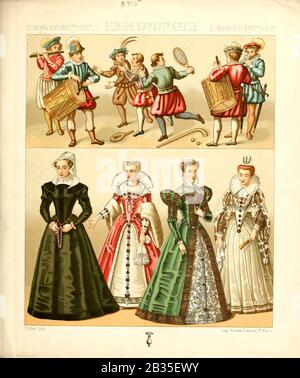 Mode et style de vie européens anciens, XVIe siècle à partir de Geschichte des kostums dans le chronological entwicklung (Histoire du costume en développement chronologique) par Racinet, A. (Auguste), 1825-1893. Et Rosenberg, Adolf, 1850-1906, Volume 3 imprimé à Berlin en 1888 Banque D'Images