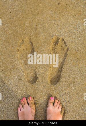 Pieds femelles barepieds avec une pédicure rouge à côté de leurs propres tirages sur le sable jaune humide. Vue de dessus. Banque D'Images