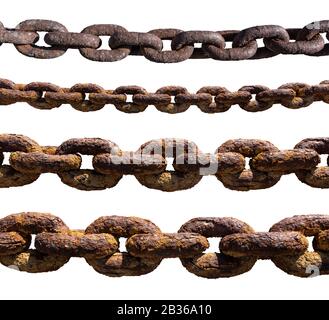 Jeu de chaînes anciennes, rouillées, extrêmement corrodées isolées sur fond blanc Banque D'Images