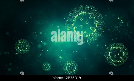 Virus pathogènes sur fond vert brillant. Épidémie de maladie virale. rendu tridimensionnel. Banque D'Images