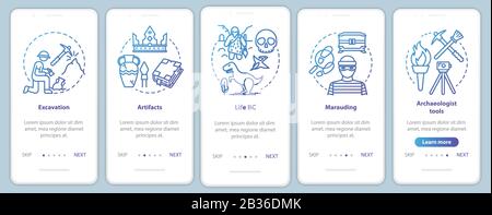 Modèle vectoriel d'écran de page d'application mobile d'intégration archéologique. Excavation et préservation des artefacts. Procédure de présentation du site Web avec des illustrations linéaires Illustration de Vecteur