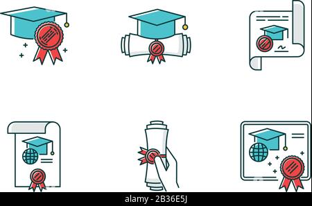 Jeu d'icônes de couleur RVB du diplôme. Certificat scolaire internationalement accepté. Confirmation de graduation. Document académique. Qualification. Degré. Éducation Illustration de Vecteur