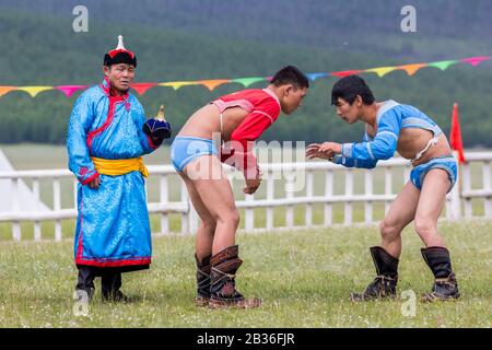 Mongolie, province de Khovsgol, Tsagauannur, festival de Naadam, tournoi de lutte, entraîneur, zasuul en mongol, en regardant les lutteurs pendant le match Banque D'Images