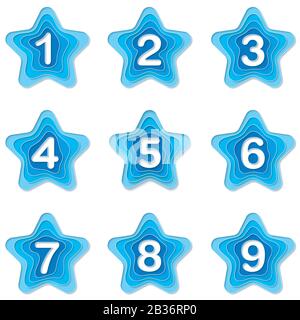 Jeu de points d'étoile bleus 1 à 9. Marqueurs numériques vectoriels en 3 dimensions dans un style de déchargement de papier Illustration de Vecteur