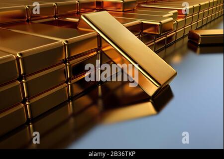 Illustration tridimensionnelle, lingots d'or dans un coffre-fort de banque. Le rendu tridimensionnel des barres d'or empilées les unes sur les autres en un grand nombre Banque D'Images